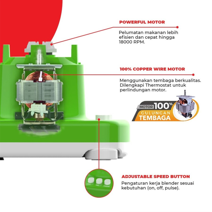 Maspion Blender Gelas Kaca 2in1 1 Liter - MT1272GL | MT-1272 GL - Hijau